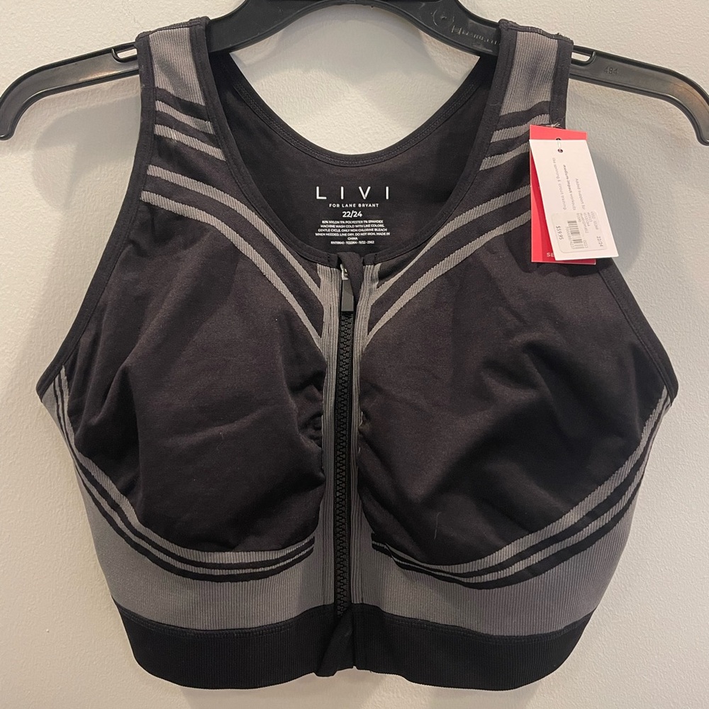LIVI LANE BRYANT WIRELESS MEDIUM IMPACT SEAMLESS Black/Gray Sports BRA  Sz 22/24